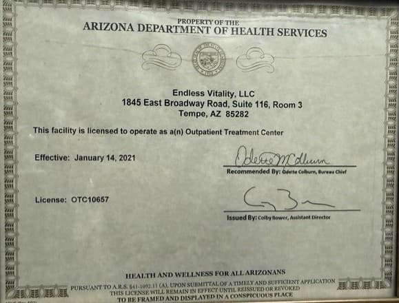 Arizona Department of Health Services license — Endless Vitality, LLC, Outpatient Treatment Center, License OTC10657, Tempe AZ